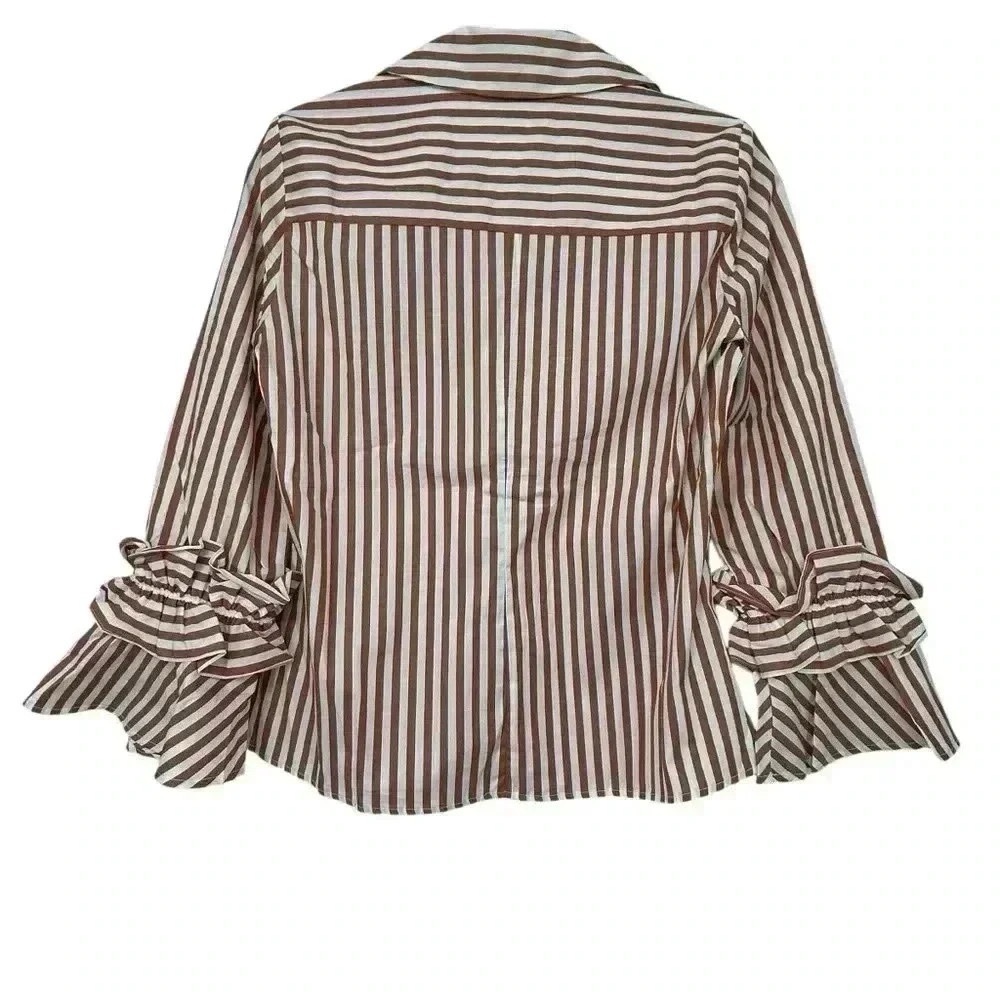 HARSHMAN SHIRT WOMEN’S XS BROWN STRIPED BUTTON DOWN FLARED SLEEVE COTTON NWT - Picture 7 of 13
